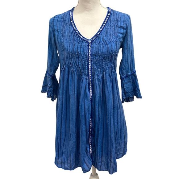 Poupette St. Barth Blue Crinkle Mini Tunic Dress Cover-Up Boho Mermaid Hippie - Picture 2 of 13